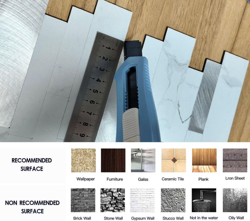 weimeisc 10-Sheet Peel and Stick Backsplash Tile, PVC Mixed Metal Stick on Bathroom Vanities Fireplace Décor, Laundry Table (Light Blue Marble+Frosted Silver) - Image 3